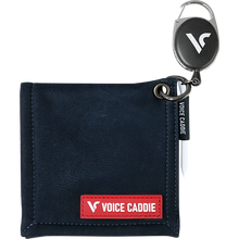 Load image into Gallery viewer, Black towel with Voice Caddie logo and keychain on a white background