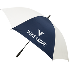 Load image into Gallery viewer, White and navy umbrella with 'Voice Caddie' logo on a white background