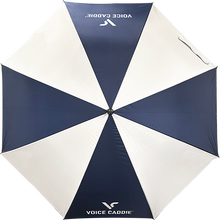 Load image into Gallery viewer, Navy and white umbrella with 'Voice Caddie' branding on a white background