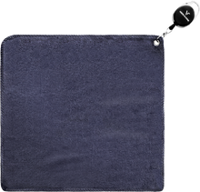 Load image into Gallery viewer, A navy blue microfiber golf towel with a reel wire attachment.