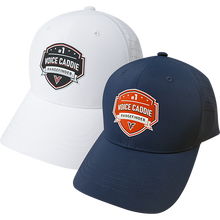Load image into Gallery viewer, Two baseball caps, one white and one navy, with 'Voice Caddie' logo on a white background.