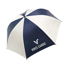 Load image into Gallery viewer, Navy and white umbrella with 'Voice Caddie' logo on a white background
