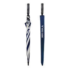 Load image into Gallery viewer, Golf umbrella with striped design and 'Voice Caddie' branding on a white background
