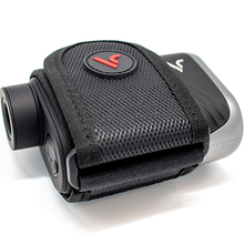 Load image into Gallery viewer, Side angle view of a black laser magnet holder with the Voice Caddie logo on it, designed to attach to golf carts or clubs.
