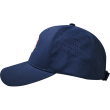 Load image into Gallery viewer, Navy blue cap with perforated design on a white background

